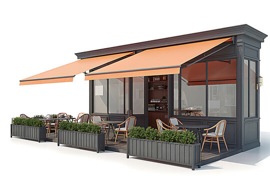 Charming Outdoor Caf&eacute; 3D Render with Peach Awning on White Background, Modern Restaurant Design