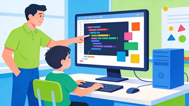 Generative Ai an educator guiding a student through code development on a computer monitor