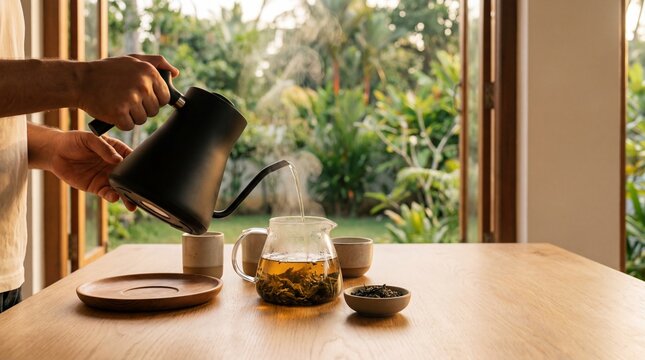 A close-up shot of a person pouring steaming water from a matte black gooseneck kettle into a glass teapot filled with loose leaves on a wooden table.