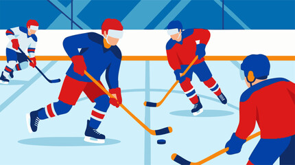 Obraz premium Ice Hockey Players on the Rink During a Game, Flat Vector Illustration
