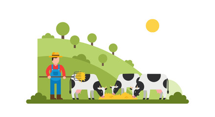 Fototapeta premium Flat Illustration of Cows Grazing on Hay in a Field