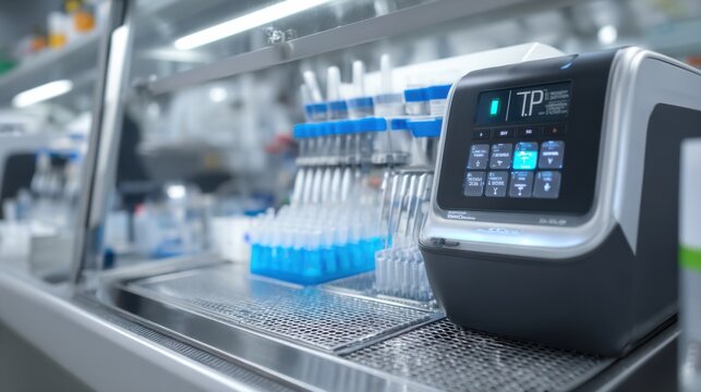 Detailed view of a qPCR setup within a dedicated PCR workstation emphasizing the thermal cycler and micropipettes inside the sterile enclosure background gently out of focus.