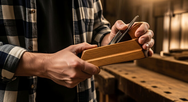 Close-up of a carpenter using a wooden hand plane to shape wood on a workbench