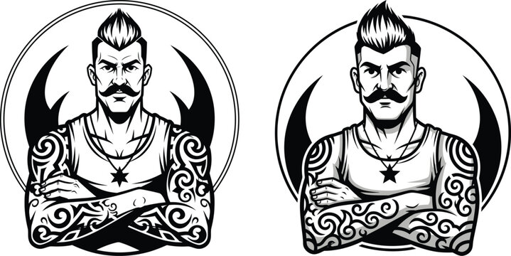Tattooed man with mohawk and crossed arms illustration bad boy body art portrait muscular illustration character attitude mustache