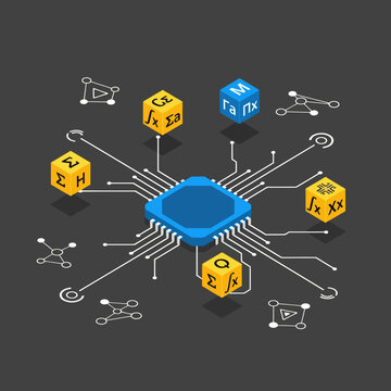 Isometric Microchip with Mathematical Symbols and Network Connections.