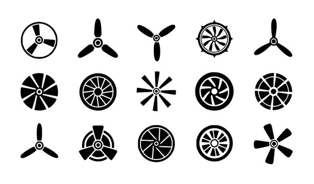 A collection of black and white fan blade icons in various designs