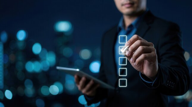Businessman performing project acceptance and quality assurance by ticking correct sign marks on a digital document.
