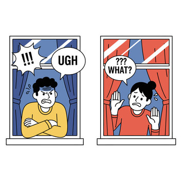 Angry Man Yelling Ugh at Confused Woman Through Window, Neighbor Conflict