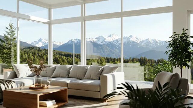Modern living room with mountain views through large windows lets in sunlight.