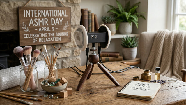 ASMR recording station featuring binaural ear microphone brushes and a script notebook for sound design