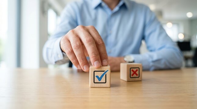 Businessman selecting a blue checkmark on a wooden cube, choosing between approval and rejection for a business project proposal.