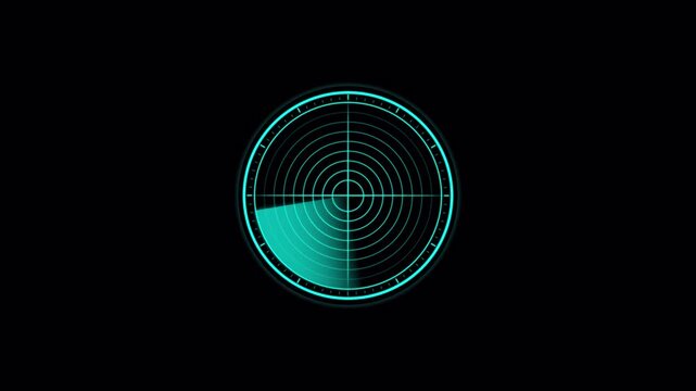  Cyan blue radar screen animation with smooth luminous sweep effect, alpha channel, seamless loop.