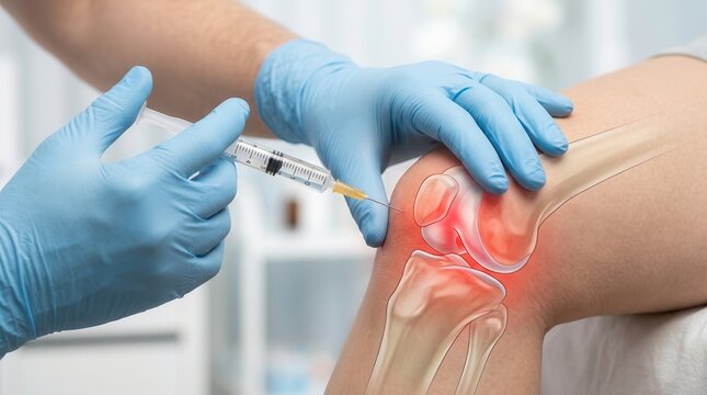 A gloved clinician injects platelet-rich plasma (PRP) into a painful knee joint, treating osteoarthritis with regenerative therapy and showcasing knee anatomy and inflammation.