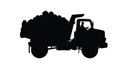 Black silhouette of a loaded dump truck with a driver silhouette © Santa