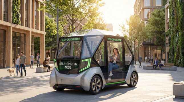 Autonomous electric shuttle driving through smart eco city with passenger