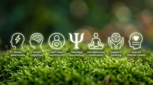 A conceptual pathway illustrates comprehensive mental health management, from stress awareness to well-being and emotional balance integrated with nature.