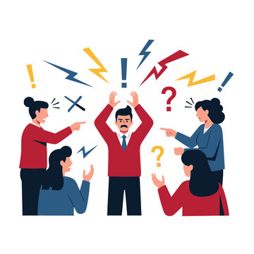 Man overwhelmed by group conflict, pointing fingers, stress, confusion, arguments, teamwork failure