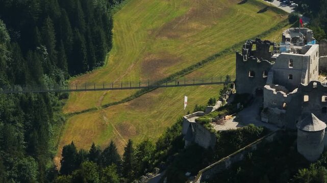 Aerial view of Ehrenberg Castle in Austria. Historical architecture in the alpine landscapes of tourist Europe.