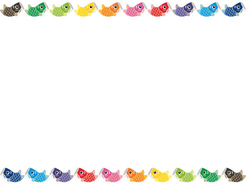 跳ねるかわいい鯉のぼりが上下に並んだフレームのイラスト（カラフル）