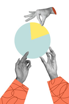 Vertical collage hands body fragments hold infographic circle part separated fragment progress business startup result drawing background