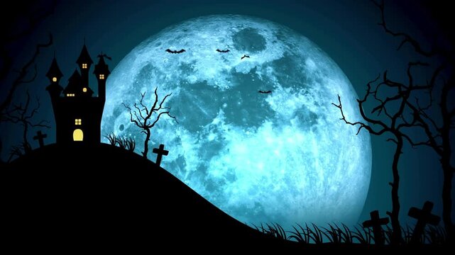 Spooky Halloween Haunted Castle Silhouetted Against Giant Blue Moon