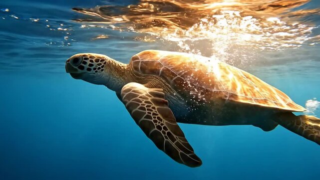 Sea Turtle Swims Gracefully Through Sunlit Ocean Depths