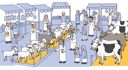 Naklejka premium Muslims Celebrate Eid al-Adha at a Lively Livestock Market Gathering