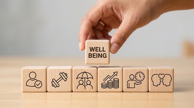 Fostering employee wellbeing through positive work culture and comprehensive benefits, represented by wooden blocks with health icons.