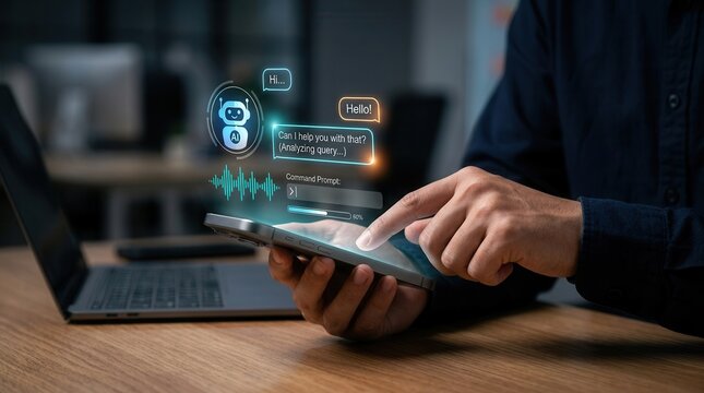 User interacting with a virtual assistant on a mobile device, featuring conversational AI speech bubbles and voice waveforms.