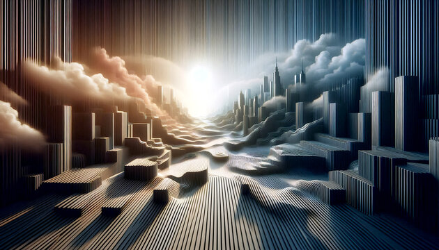 星空と雲に包まれた幻想的な抽象地形風景｜流線形デザインと宇宙ファンタジー背景