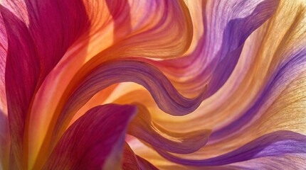 Fototapeta premium Vibrant macro view of layered flower petals displaying swirling patterns and blended colors of pink orange and purple