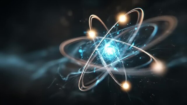 Glowing stylized depiction of atomic structure with orbiting electron paths