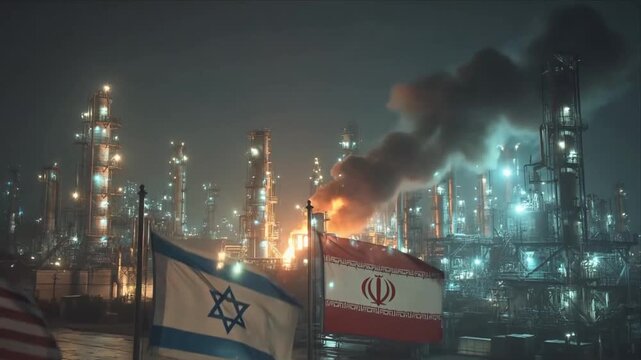 Flags of USA, Israel, and Iran next to an industrial site at night with lights from refineries in the background
