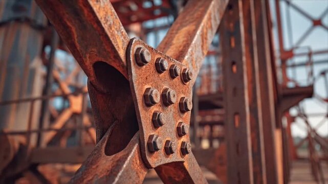 Rusty metal structure with detailed close-up of the framework and background highlights of a construction site