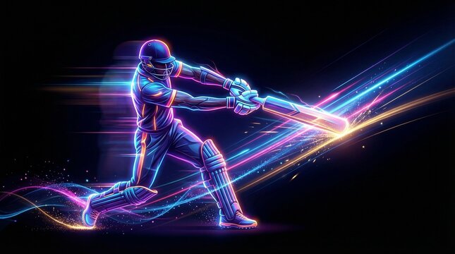 Cricket neon batsman illustration hitting ball with glowing light streaks on dark background for sports poster digital artwork and event promotion concept