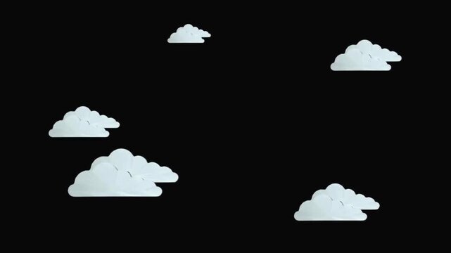 White Flat Design Cartoon Clouds Moving on Black Background Loop