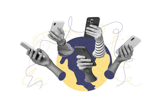 Creative image collage human hands holding smartphones digital era devices social network addicted users drawing background
