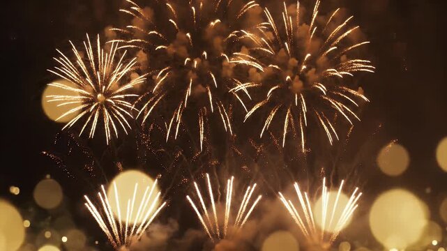 Spectacular fireworks display illuminating the night sky with vibrant explosions and golden sparks celebrating a festive event or special occasion