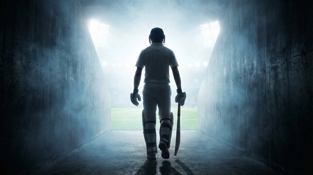 Cricket player walking through stadium tunnel toward bright field lights creating dramatic silhouette atmosphere for sports motivation journey performance and competition concept