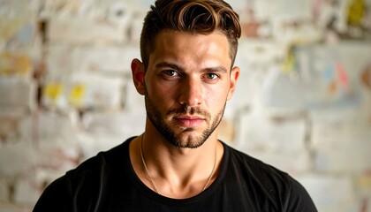 Fototapeta premium Focused close-up of a handsome man with textured hair against a textured brick wall backdrop