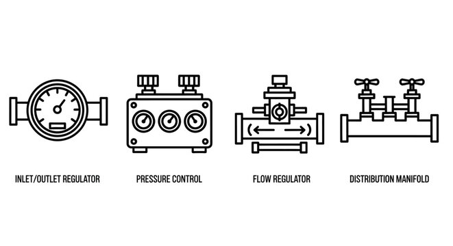 Industrial control valves, regulators, and manifolds, industrial automation components, valve systems, process control icons