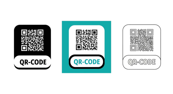 QR code icons, scan symbols, barcode graphics, vector labels