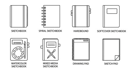 Sketchbook, notebook, and drawing pad icons, vector set of 8 © imran