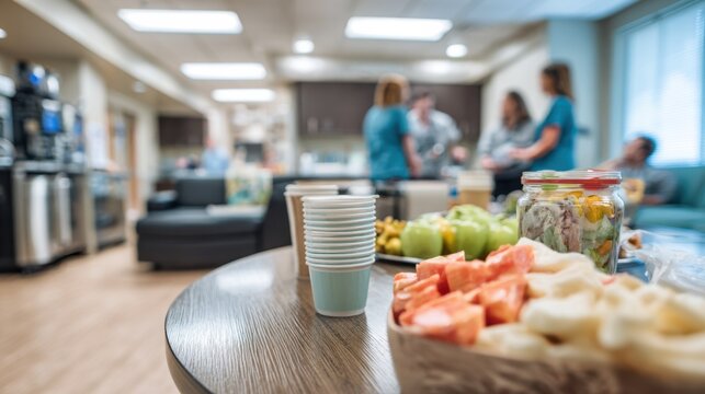 Shared table in a clinical break room with focused hands stacking fresh snacks and coffee cups surrounded by outoffocus seating and medical staff lockers.