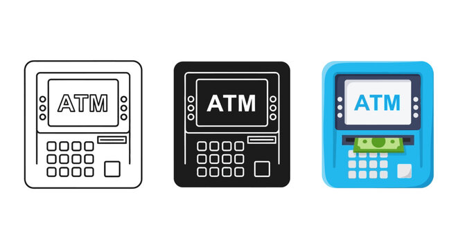 ATM icons, bank machine symbols, payment terminal graphics, financial vector illustrations