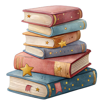 Hand-painted watercolor magic spellbook stack. Charming vintage library books with golden stars and ribbon bookmarks for academy and nursery design.
