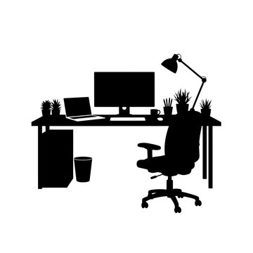 A minimalist office workspace with a desk, chair, computer, and plants in a simple black silhouette vector graphic design