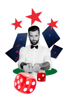 Vertical photo collage of cunning man dealer offer cards pile combination poker game gabling dice casino isolated on painted background