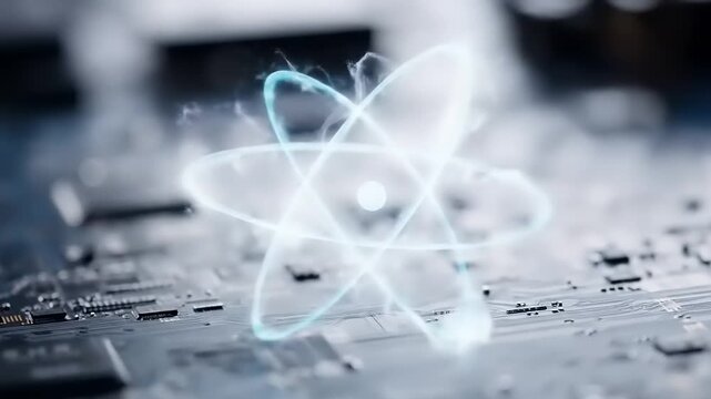 Glowing atomic structure hovering above electronic circuit board