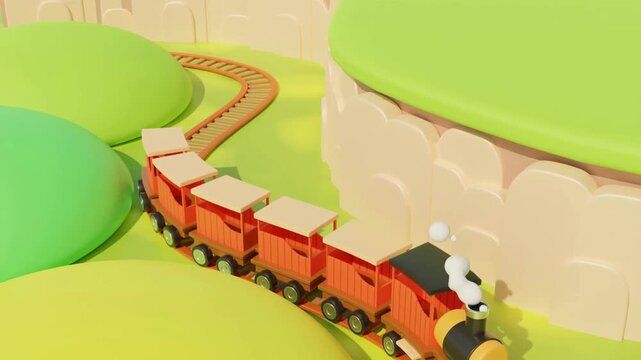 3D Animated Toy Train Moving Through Colorful Stylized Landscape